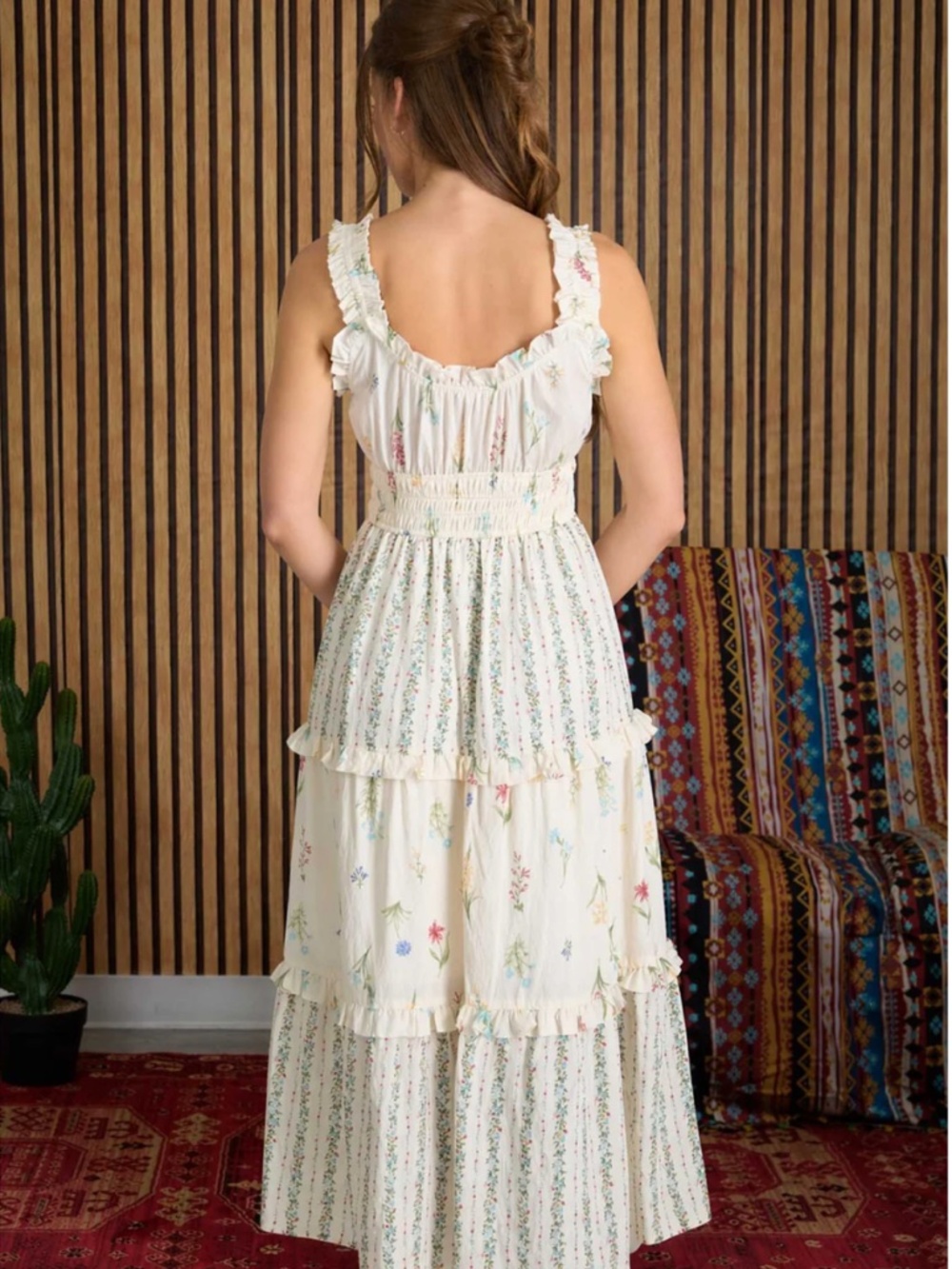 Floral Colorblock Ruffle Tiered Midi Dress Ivory Multi Large NWT - Picture 3 of 8
